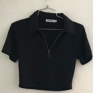 Need Supply Cropped Black Collared Zipper Top